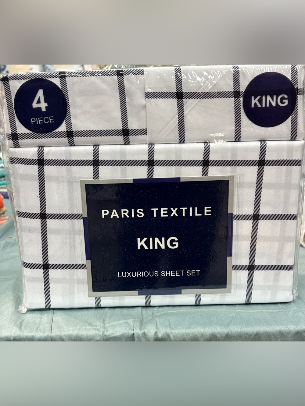 4pc King Sheet Set - White with Black Plaid